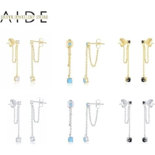 AIDE Fashion Chain Dangle Stud Earrings For Women Gift Luxurious Chain Back Hanging Zircon Earings Silver 925 Jewelry kolczyki