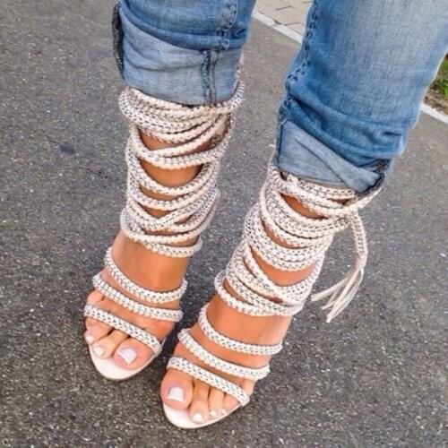 Chain Rope Lace Up Sandals Women Lace-up Thin Heel Party Dress Shoes Cut-out Strappy Saandals Boots for Women Free Ship