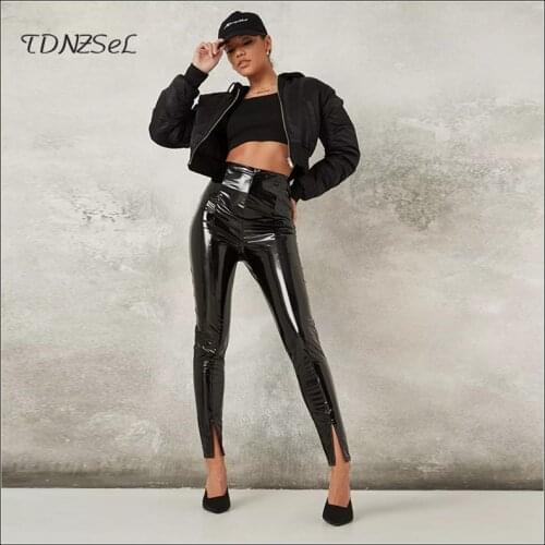 Black Sexy PU Pencil Pants Women Faux Latex Leather Skinny Leggings Hem Split Office Lady Bodycon Trousers Spring Casual Custom