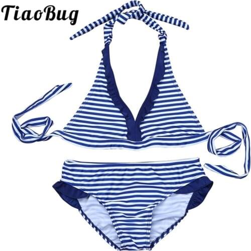 TiaoBug Kids Teens Blue Striped Tankini Swimsuit Swimwear Strappy Halter Swim Tops with Briefs Bikini Set Bathing Suit Beachwear