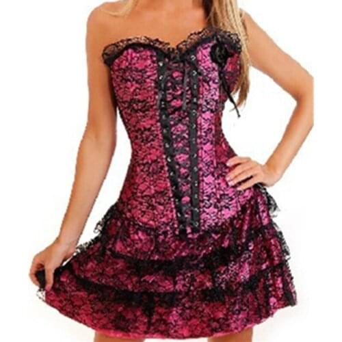 Hot Sale Shapers Red Lace Sexy Women Floral Corset and Bustier Plus Size XL Push up Gothic corset dress with skirt