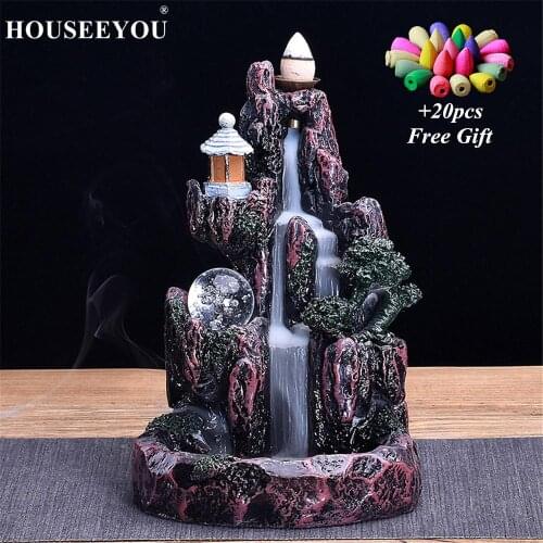 Resin Artificial Mountain Aroma Smoke Waterfall Backflow Incense Burner Censer Holder Aromatherapy Furnace Home Office Crafts