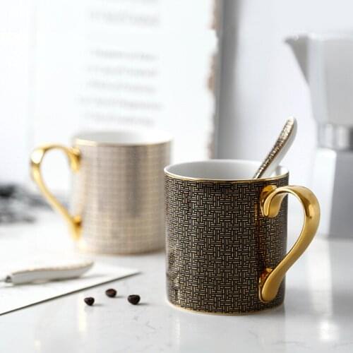 Creative grid ceramic coffee mug bone china tea mug coffee cups milk breakfast cup porcelain water mug and cup with spoon