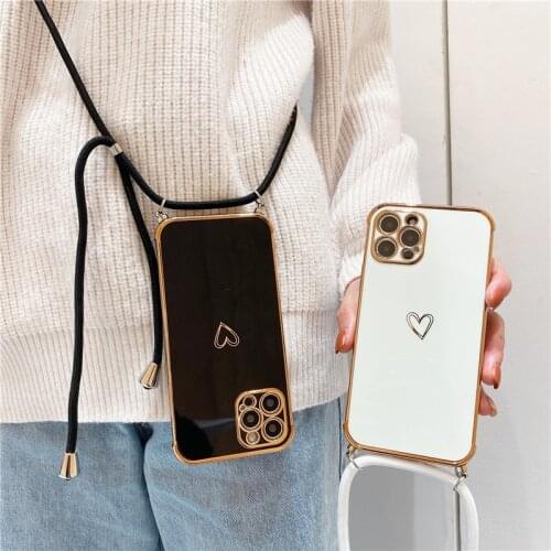 Crossbody Necklace Lanyard Plating love heart Case For iPhone 11 12 Pro Max MiNi X XS XR 7 8 plus SE 2020 Bumper Soft Back Cover