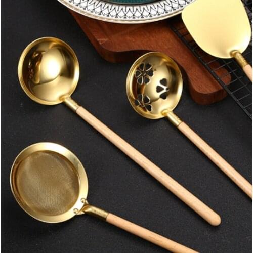 Hot-Kitchen Spatula Small Teppanyaki Spatula with Wooden Handle Soup Spoon Colander Stainless Steel Kitchen Cooking Utensils
