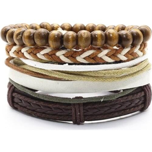 Evil eye Leaf Wood Beads Kahaki Fashion Boho Rivet Woven Men Leather Bracelets Women Vintage Bangle Male Jewelry Accessories