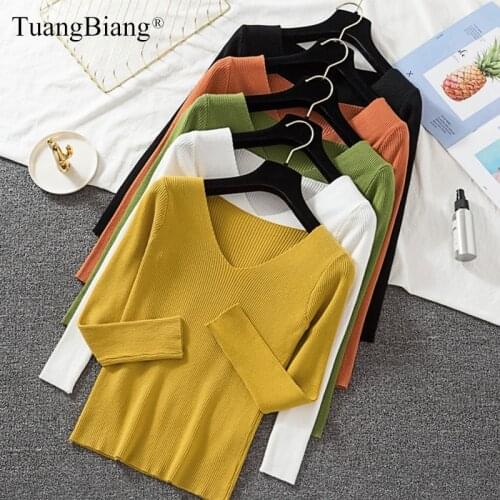 Fashion Women V-Neck Full Sleeve stripe Sweaters 2019 Knitted feminine Basic elasticity Pullovers Autumn Lady Winter Slim Jumper