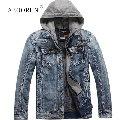 ABOORUN Winter Denim Jacket Mens Retro Fleece Hooded Denim Jackets Fashion Brand Design Jeans Coat for Male