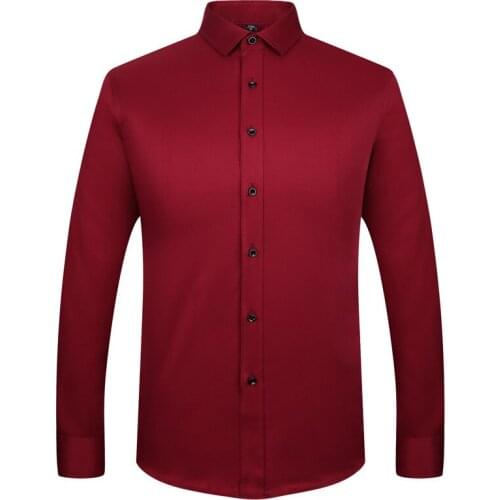 Fashion Wine red Mens Shirts High quality Bamboo fiber Shirts Casual Business Turn-down collar Solid Slim fit Popular shirts