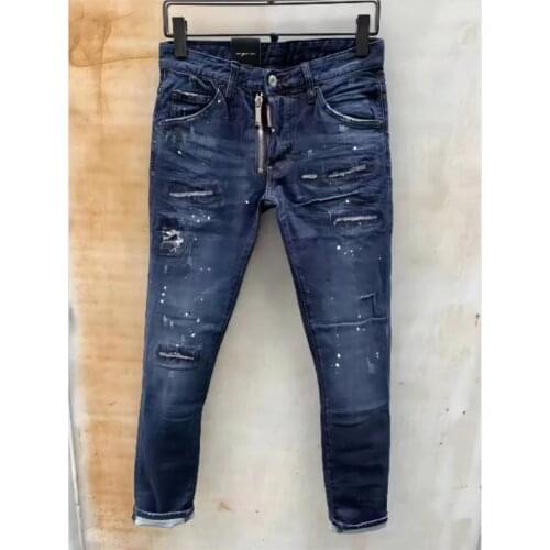 New DSQUARED2 Mens/Women Blue Slim-Fit Jeans, Fashion Hole Patch Frayed Micro-Elastic Pants 027