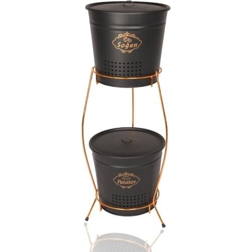 CANDLESTICK HOME Potato Onion Bucket Metal Gold Standing 2 Layer Black