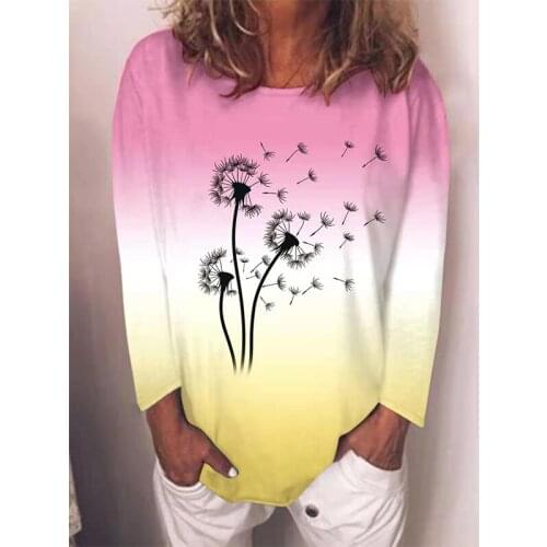 Women Tie Dye Clothing Autumn Long Sleeved Round Neck Dandelion Printed T Shirt Loose Casual Top Women Beach Party Tops Tee