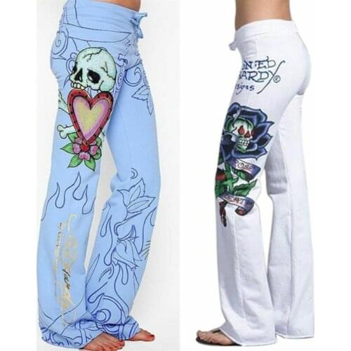 High Waist Women Fashion Wide Leg Casual Summer Loose Trousers Rose Skeleton Printing Fashion Hot Street Wear Wide Leg Pants