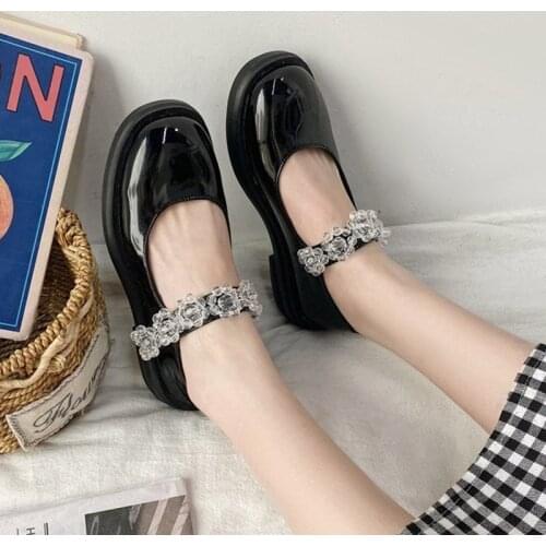 2021 New Spring Woman Mary Janes Shoes Crystal flowers Princess Shoes Patent Leather Lolita Shoes Black zapatos mujer 8918L