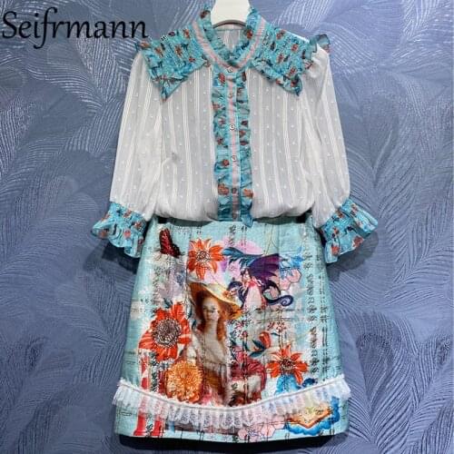 Seifrmann New 2021 Summer Women Fashion Runway Skirts Set Flare Sleeve Ruffles Loose Blouses + High Waist Print Short Skirt Suit