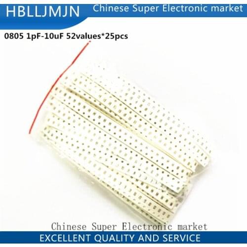 0805 SMD Ceramic Capacitor Assorted Kit 1pF~10uF 52values*25pcs=1300pcs Chip Ceramic Capacitor Samples ki