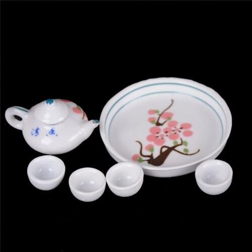 1 Set Dollhouse 1:12 MiniatureTableware Mini Cute Coffee Tea Set Porcelain Dish Pot Tray Cups Teapot Kitchen Flower Printing