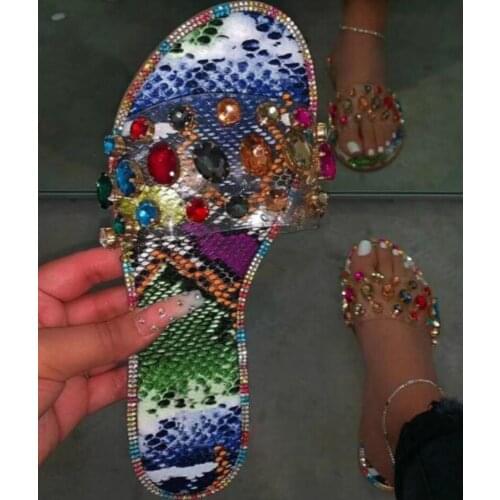 2020 Pink Bright Rhinestones Slides Snake Pattern Gem PVC Shoes Women Outdoor Candy-colored Beach Sandals Summer New Slippers