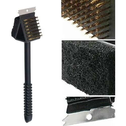 3 In 1 Triangle Copper Wire Barbecue Grill Oven Cleaning Brush +Stainless Steel Scraper+Sponge BBQ Gadget
