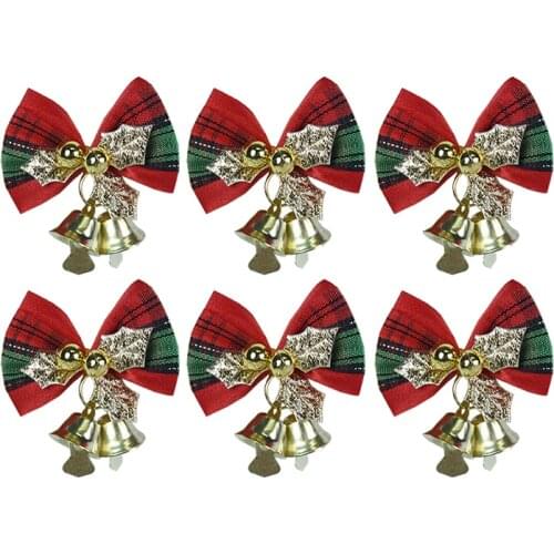 6pcs/lot Christmas Decorations Bowknot With Gold Bell Handmade Cloth Craft For Home Ornament Christmas Tree Sewing Accessories