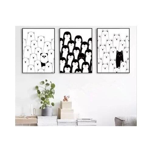Black and White Decoration Painting for Children Room Wall Pictures for Living Room Kitchen Anime Poster Penguin Herd Not Framed