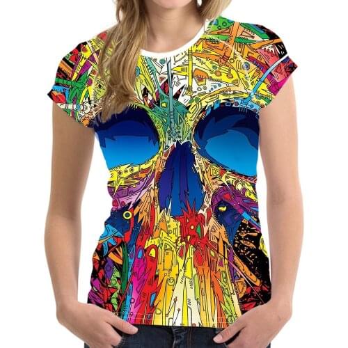 HYCOOL T-shirt for Women Mixed Color City Skull Pattern Female Tops Tee Teenager Girls Summer Short Sleeves Shirt Casual T Shirt