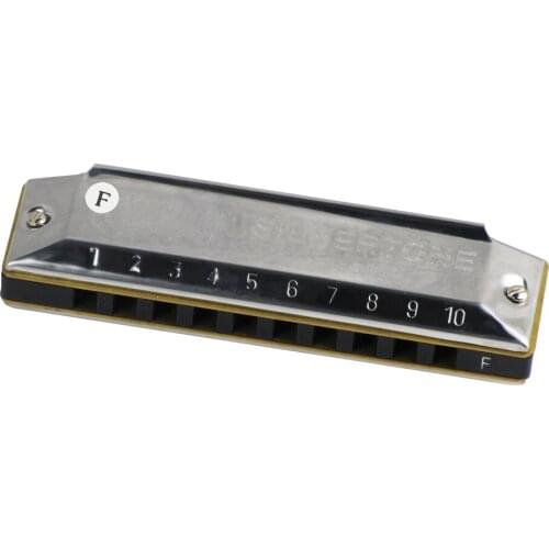 Huang Silver Harmonica 10 Holes Diatonic Blues Harp Mouth Organ Harmonica Key of F Woodwind Instruments for Beginner