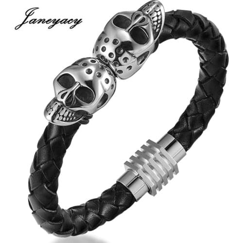 Janeyacy 2018 NEW Genuine Leather Skeleton Skull Stainless Steel Bracelets Jewelry Mens Bracelet Gift For Boy