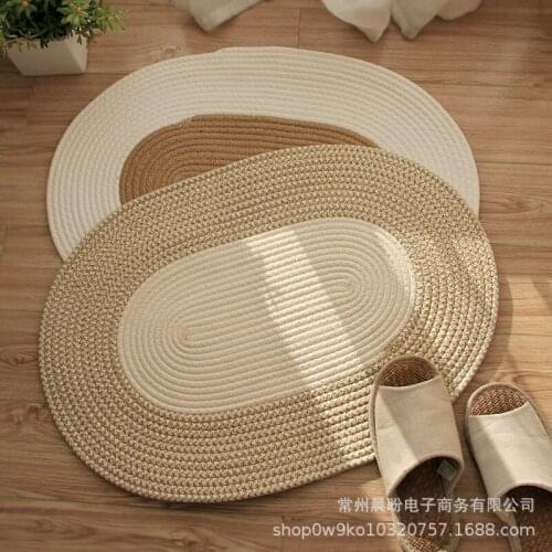 Hand-woven Doormat Cotton and Linen Color Block Anti-Slip Oval Shape Entrance Area Carpet Floor Mat Bedroom Carpet Home Decor
