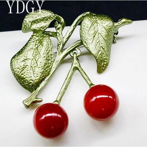 YDGY Fashionable Sweet Cherry Green Paint Leaves Antique Womens Brooch