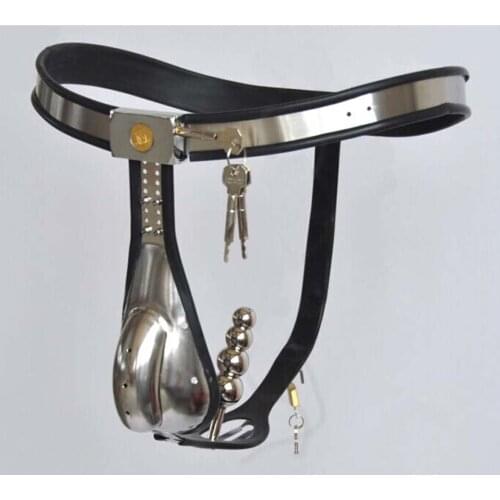 Male Chastity Belt Stainless Steel Cock Cage T Type With Removable Anal Bead Plug Master Slave Lockable Penis Restraint Device