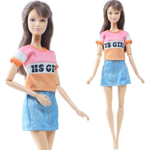 BJDBUS Newest Fashion Doll Dress T-shirt + Skirt Daily Casual Wear Clothes for Barbie Doll Accessories Kids Playhouse Doll Toy