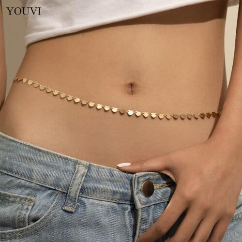 YOUVI Beach Bikini Body Chain Gold Color Handmade Drop Heart Sculptured Round Disc Chains for Dress Waist Chain Jewelry