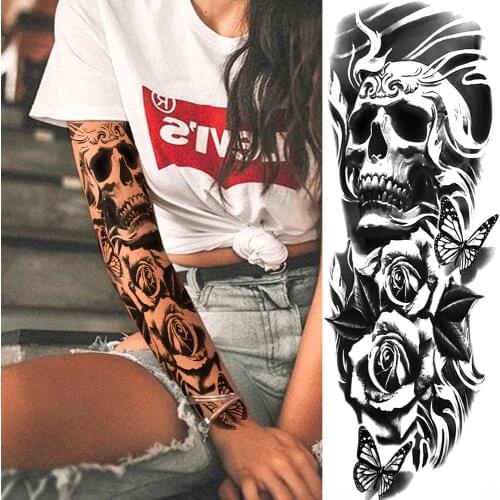 Large Skeleton King Temporary Tattoos For Men Women Body Art Full Arm Sleeve Flower Tatoo Waterproof Tattoo Stickers Realistic