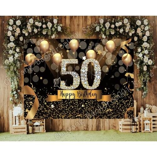 Custom Gold Black Theme Adult Birthday Party Banner Backdrops For Photo Studio Balloons Glitter Bokeh Dots Man Woman Backgrounds