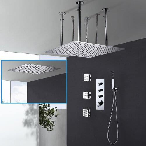 Ceiling install 20 inch 500*500mm Brass Top Shower head faucet set Three Functions Copper Thermostatic Rainfall Shower,Chrome
