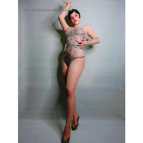 Sexy fleshy chubby rhinstone jnaked umpsuit see through mesh crystal good shaped stage dance costume rave outfit circus cruise