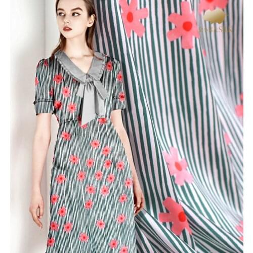 1.08 Meter X 1 Meter Pink Floral And Green Striped Silk Fabrics For Making Dress Sewing Clothes