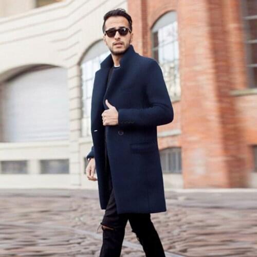 Woolen Mens coat mid-length business thickened stand-up collar solid color suit collar casual woolen coat