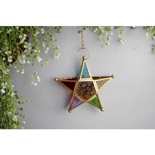 1PC Glass Candle Holders Moroccan Star Candlestick Metal Home Garden Lamps Large Hanging Tea Light Lanterns for Home Decor MK025