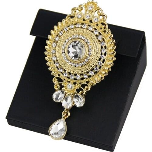 Sunspicems Chic Morocco Caftan Brooch Pins For Women Round Crystal Wedding Jewelry Gold Silver Color Arab Bridal Gift 2021
