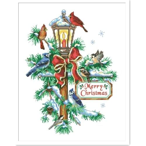 Christmas lantern cross stitch cartoon bird 18ct 14ct 11ct white fabric cotton thread embroidery DIY handmade needlework