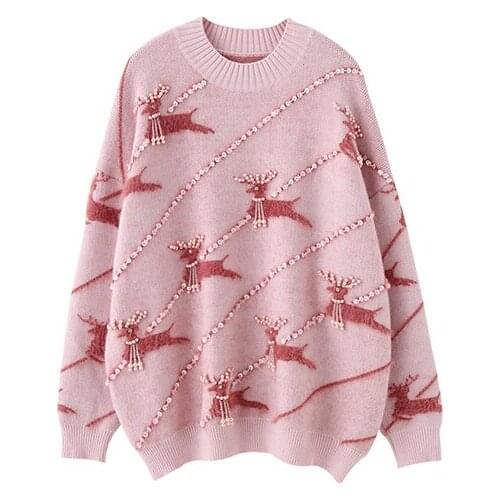 Japanese Spring and Autumn Sweater Beaded Peach Pink Raspberry Red Sweater Retro Heavy Industry Christmas Sweater