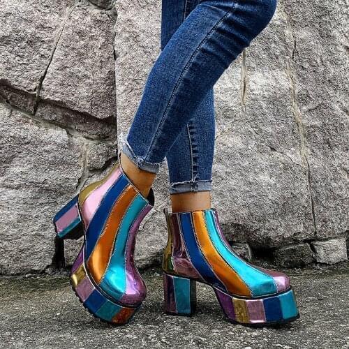 Women Ankle Boots Plus Size PU Striped Multicolor Patchwork Fashion Anti Slip Round Toe High Heels Female Platform Shoes