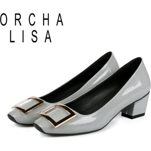 ORCHALISA 2021 New Concise Ladies Pumps Metal Decoration Mature Square Toe Slip On 5CM Chunky Heel Size 32-43 Apricot Blue A4383