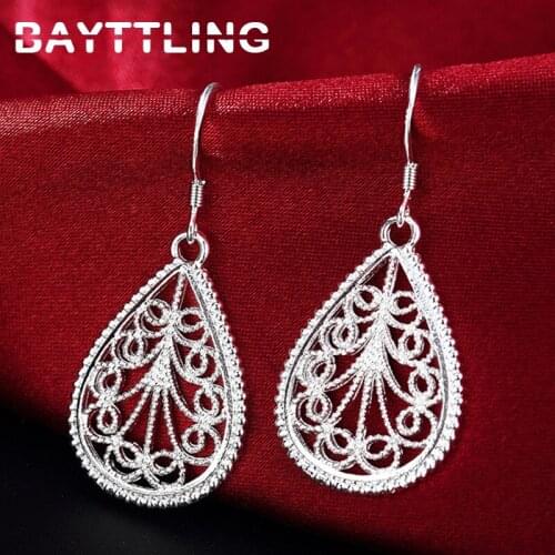 BAYTTLING 925 Sterling Silver 32MM Fine Carved Water Drop Earrings For Woman Lady Fashion Glamour Wedding Party Jewelry Gift
