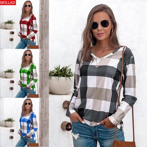 Womens 2021 Autumn New Comfort Long Sleeve Womens Plaid Contrast Color Cotton and Linen Top