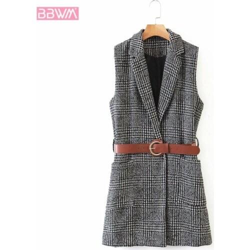 Xiaoxiangfeng Lapel Sleeveless Womens Vest with Belt Houndstooth Stylish Casual Vacation Female Jacket
