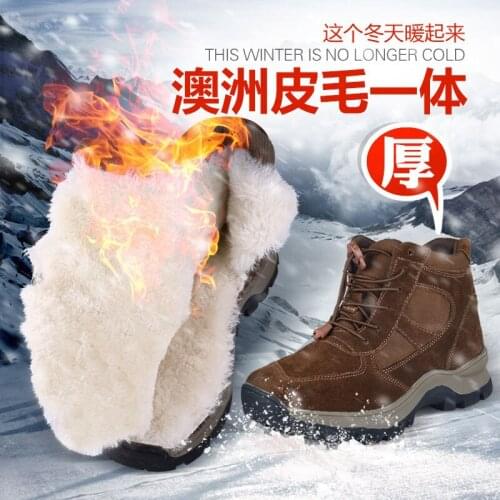 Snow boots mens Australian wool high-top winter warmth and velvet waterproof outdoor ankle boots leather wool cotton work shoes