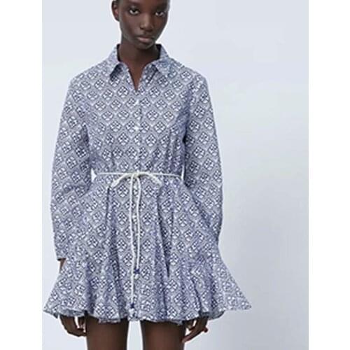 2021 ZA New Style Printed Pleated Dress Lace Up Casual Beach Lapel Lantern Sleeve Elegant Mini Party Vestidos